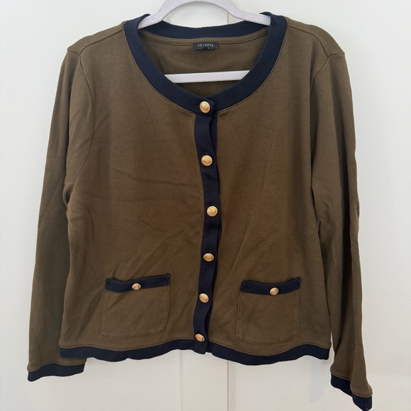 Talbots Sweaters - Talbots Cardigan Sweater Gold Button Olive Green Navy Trim 100% Cotton Preppy XL